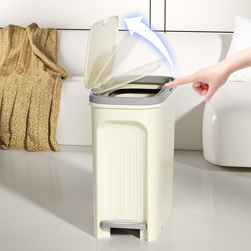 Narrow-style, narrow-aperture trash can for home use; can be opened by foot pedal or push-button; double opening