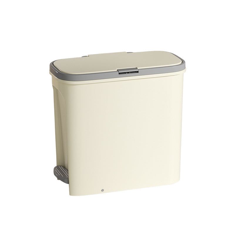 Narrow-style, narrow-aperture trash can for home use; can be opened by foot pedal or push-button; double opening