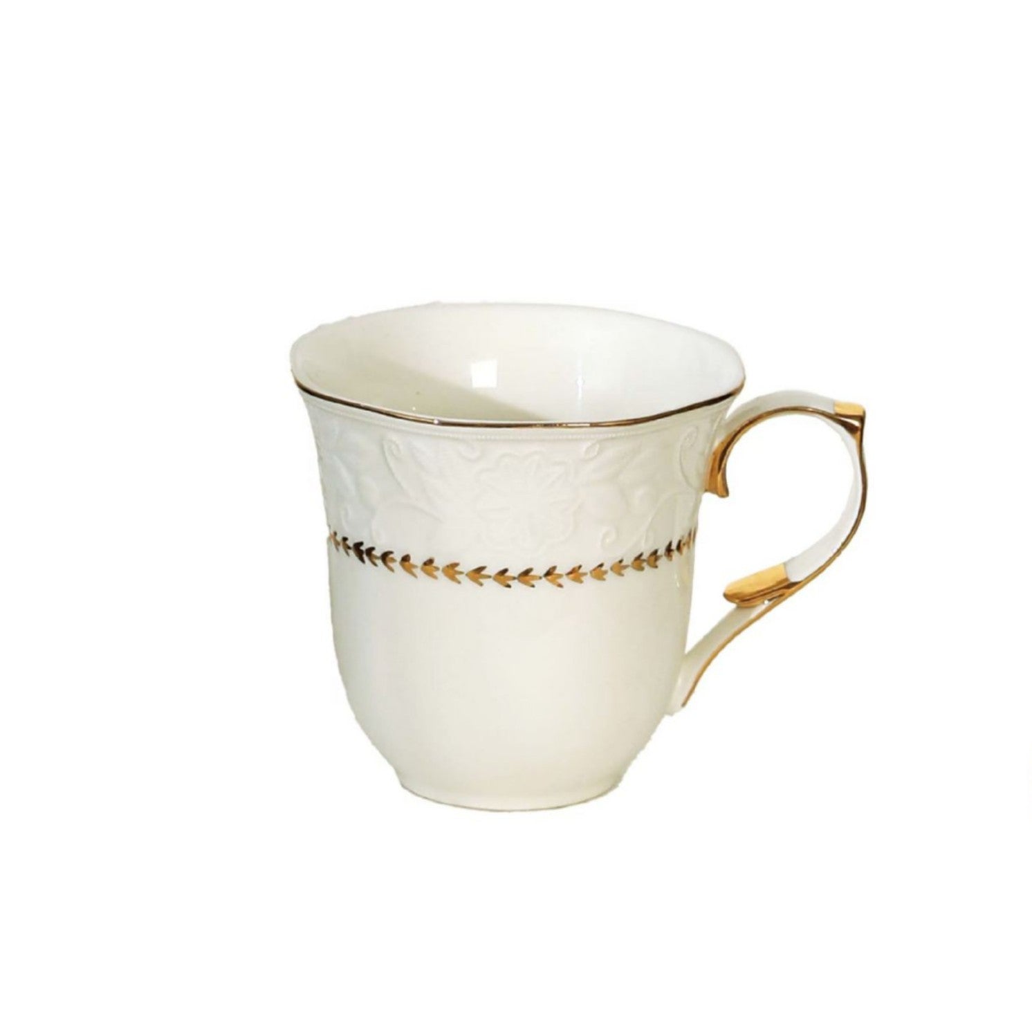 Embossed white ceramic mug with gold trim